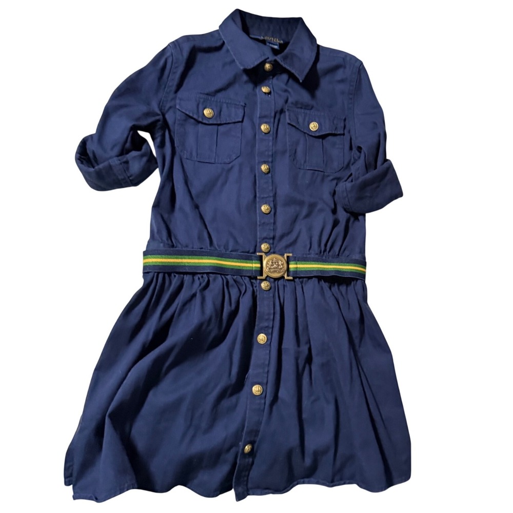POLO Ralph Lauren Collar Shirt Button Dress Belt Girls Navy Cotton 10 year